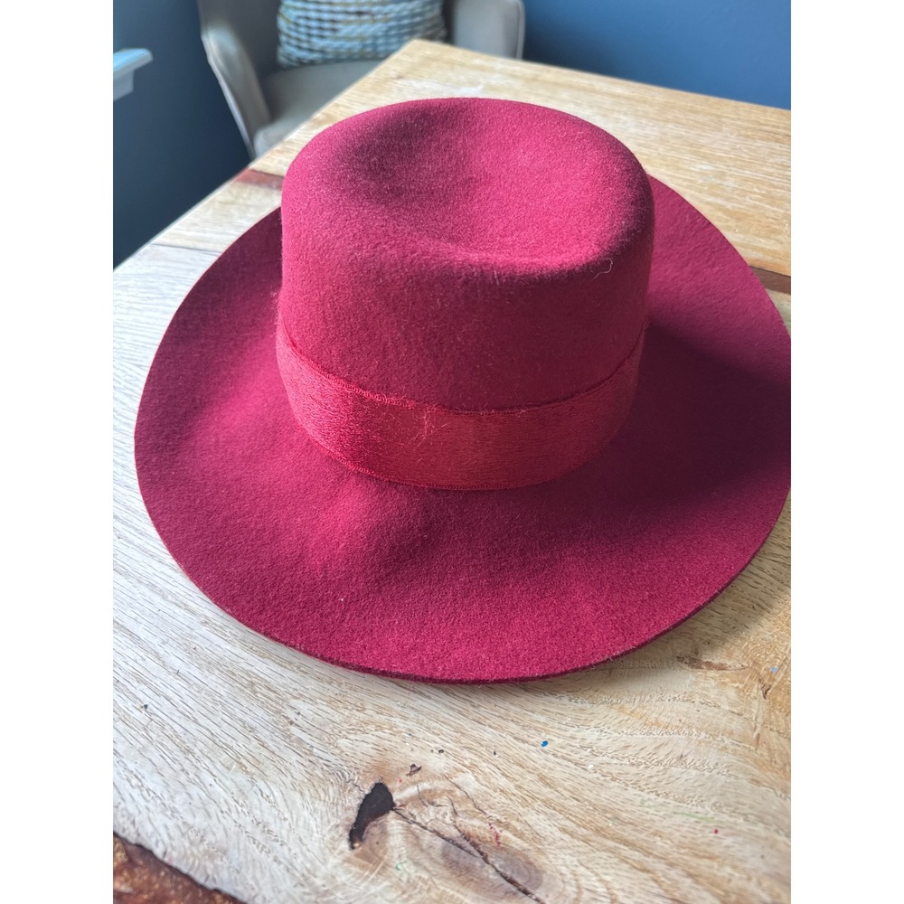 HATCH Maroon Wide Brim Boater Hat Burgundy Wool Festival Boho Fedora 3" Brim